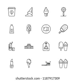 Collection of 16 product outline icons include icons such as supermarket, tag, basket, creative process, package, popsicle, ice cream, ice cream cone, lipstick, tooth brush