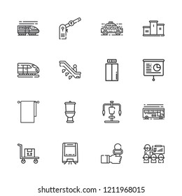 Collection of 16 public outline icons include icons such as toilet, lift, presentation, monorail, parking, escalator, podium, train, taxi, transportation, bus, news reporter