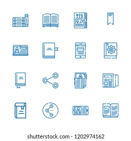 Collection of 16 publish outline icons include icons such as book, share, bookmark, books, open book, news