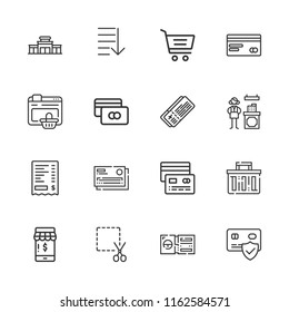 Collection of 16 purchase outline icons include icons such as credit card, receipt, coupon, supermarket, cashier, online shop, shopping cart, order, tickets, shopping basket