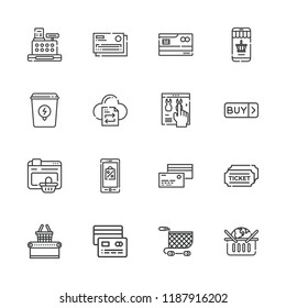 Collection of 16 purchase outline icons include icons such as buy, credit card, online shop, basket, tickets, cashier, shopping cart, file transfer, online shopping