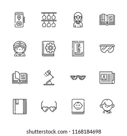 Collection of 16 reading outline icons include icons such as glasses, book, student, desk lamp, newspaper, seer, open book