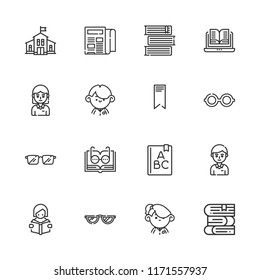 Collection of 16 reading outline icons include icons such as abc, kindergarten, bookmark, glasses, newspaper, student, books, open book