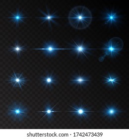 Collection of 16 Realistic Transparent Vector Stars Burning with Sparkls. Isolated Glowing Light Effects. Sparkling and Shining Stars, Flashes of Lights, Abstract Flares, Bright Glares