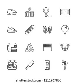 Collection of 16 recreation outline icons include icons such as pool, tennis court, american football, bobsleigh, cricket, golf, shoe, skateboard, snowboard, volleyball net