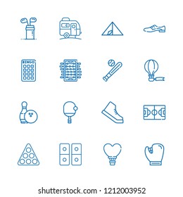 Collection of 16 recreation outline icons include icons such as bingo, foosball, shoe, baseball glove, golf, ping pong, tent, football field, bowling, baseball, pool, domino