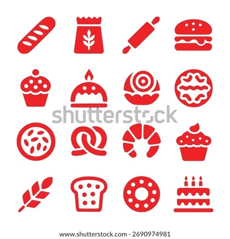 A collection of 16 red icons representing various bakery items and food, set against a clean white background.