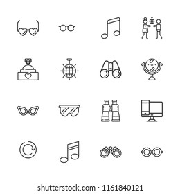 Collection of 16 reflection outline icons include icons such as disco, mirror, musical note, binoculars, disco ball, glasses, binocular, responsive, refresh button