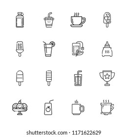 Collection of 16 refreshment outline icons include icons such as juice, tea bag, coffee cup, soda, cup, bottle, soft drink, popsicle