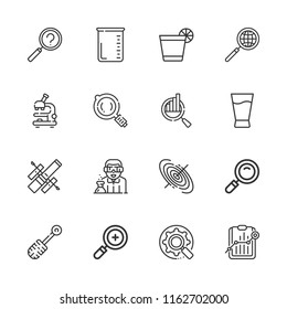 Collection of 16 research outline icons include icons such as search, test tube, microscope, scientist, beaker, loupe, magnifier, zoom in, analytics, optimization, glass