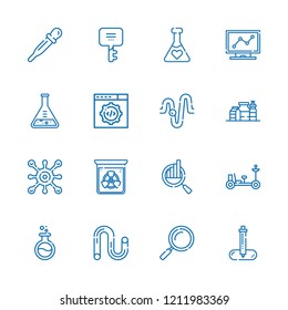 Collection of 16 research outline icons include icons such as virus, tube, loupe, pipette, keyword, web development, search, flask, physics, potion, moon rover, radiation