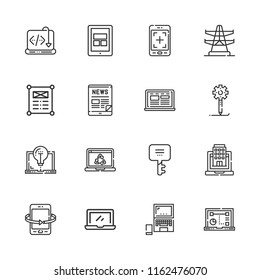 Collection of 16 responsive outline icons include icons such as tablet, web design, laptop, keyword, creative process