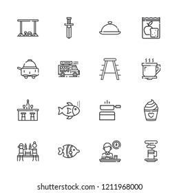 Collection of 16 restaurant outline icons include icons such as tray, knife, pan, fish, coffee cup, beer, bar, meal, room service, food truck, fishes, cake, breakfast