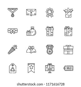 Collection of 16 ribbon outline icons include icons such as medal, tag, confetti, gift, garter, gifts