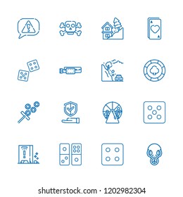 Collection of 16 risk outline icons include icons such as ace, casino chip, gamble, lottery, gas mask, poison, risk, landslide, insurance, wet floor, dice, domino