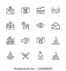 Collection of 16 river outline icons include icons such as liquid, landscape, canoe, catamaran, sailboat, field of view, paddles, fish, lake, flood