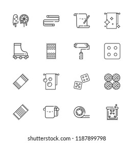 Collection of 16 roll outline icons include icons such as bath towel, roller skate, paint roller, tape, parchment, measuring tape, wool balls, sweets, dice, carpet, towel