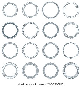 Collection of 16 Round Decorative Frames and Labels with Lines, Symmetric Geometric Shapes and Natural Elements