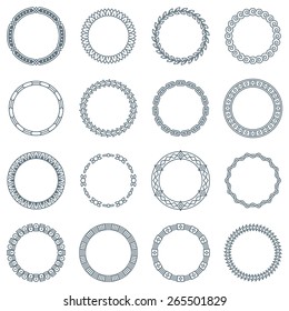 Collection of 16 Round Decorative Frames and Labels with Lines, Geometric Shapes and Nature Elements