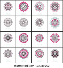 Collection of 16 round ornaments. Vector illustration.