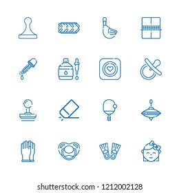 Collection of 16 rubber outline icons include icons such as gloves, dropper, eraser, ping pong, pacifier, condom, stamp, flippers, eyedropper, duck, whirligig, baby
