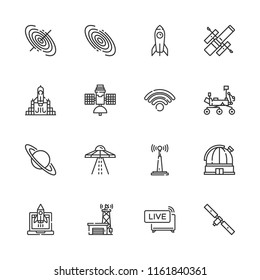 Collection of 16 satellite outline icons include icons such as rocket launch, wifi, live news, satellite, rocket, ufo, antenna, black hole, galaxy, hubble space telescope