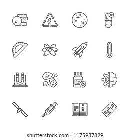 Collection of 16 science outline icons include icons such as artificial intelligence, thermometer, syringe, medicine, energy, rocket, atom, asteroids, mercury, satellite