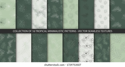 Collection of 16 seamless delicate tropical patterns. Summer exotic jungle plant palm leaves. Floral vector textures in green pastel colors. Nature wallpaper.