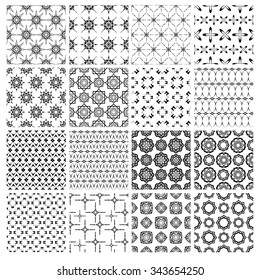Collection of 16 seamless simple graphic geometric black and white patterns. Set of 16 monochrome seamless zentangle patterns with repeated original ornamental elements isolated on white background. 