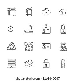Collection of 16 security outline icons include icons such as barrier, alarm, key card, extinguisher, id card, warning, cloud computing, padlock, detective, stun gun, server