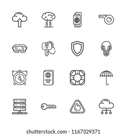 Collection of 16 security outline icons include icons such as umbrella, key, alarm, safety glasses, warning, cloud computing, explosion, gas mask, shield, passport, whistle