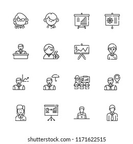 Collection of 16 seminar outline icons include icons such as meeting, presentation, employee, student