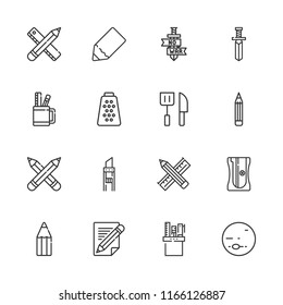 Collection of 16 sharp outline icons include icons such as pencil, sword, knife, sharpener, pencil case, cutter, grater, neptune