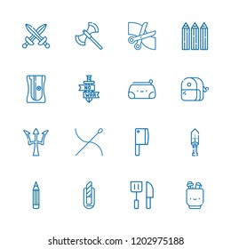 Collection of 16 sharp outline icons include icons such as pencil, sword, sharpener, knife, poseidon, pencils, axe, swords, dagger, needle, pencil case, cutter