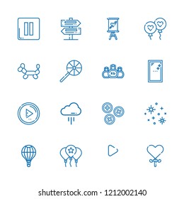 Collection of 16 shiny outline icons include icons such as balloon, play button, lollipop, stars, cloud, pause, sign, signs, buttons, kettlebell, balloon modelling