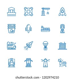 Collection of 16 ship outline icons include icons such as delivery, lighthouse, house boat, spaceship, space shuttle, train, rocket, warehouse, lifesaver, ship, container, gas