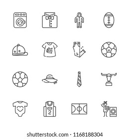 Collection of 16 shirt outline icons include icons such as washing machine, laundry, suit, shirt, american football, basketball court, basketball jersey, football, polo