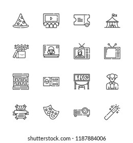 Collection of 16 show outline icons include icons such as ticket, clown, wizard, cinema, magic wand, exhibition, magic, projector, television, theatre, circus, poster