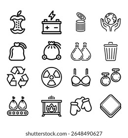 A collection of 16 simple, black and white line art icons representing various types of waste and recycling, including organic waste, batteries, metal cans, and general refuse.