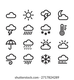 A collection of 16 simple black and white icons representing different weather conditions and symbols