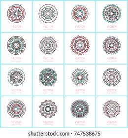 Collection of 16 simple round ornaments. Mandala pattern set. Hand drawn illustration. Vector background.