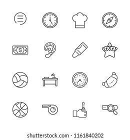 Collection of 16 single outline icons include icons such as desk, clock, screwdriver, croissant, compass, search, basketball, volleyball, whistle, menu button, star