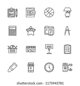 Collection of 16 single outline icons include icons such as clock, list, online shop, clipboard, star, compass, crayon, basketball, holder, online shopping, calculating, lamp