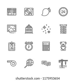 Collection of 16 single outline icons include icons such as hours, search, record player, whistle, clipboard, dialog, mango, teddy bear, stars, clock, crane, list, bird cage