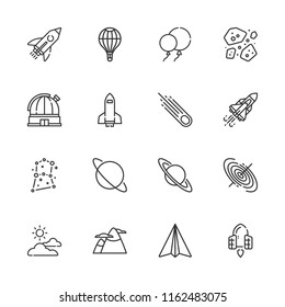 Collection of 16 sky outline icons include icons such as paper airplane, mountain, spaceship, balloon, rocket, balloons, cloudy, asteroid, asteroids, black hole, constellation