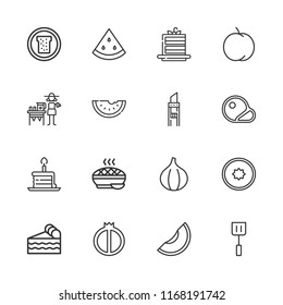 Collection of 16 slice outline icons include icons such as birthday cake piece, spatula, watermelon, peach, kiwi, fig, melon, cutter, lemonade, cake slice, bread, pie
