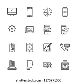 Collection of 16 smart outline icons include icons such as smartphone, telephone, monitor, laptop, settings, augmented reality, tablet, contact
