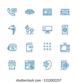 Collection of 16 smart outline icons include icons such as telephone, smartphone, apps, augmented reality, laptop, television, settings, portable, monitor