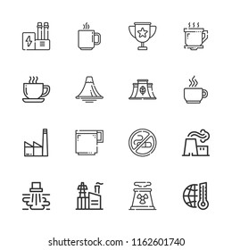 Collection of 16 smoke outline icons include icons such as global warming, industry, power plant, water pollution, no smoking, coffee cup, factory, eco factory, cup