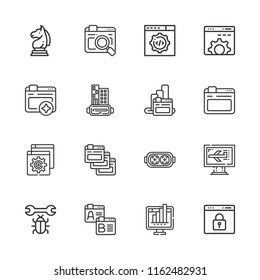 Collection of 16 software outline icons include icons such as browser, bug, browsers, computer, web development, strategy